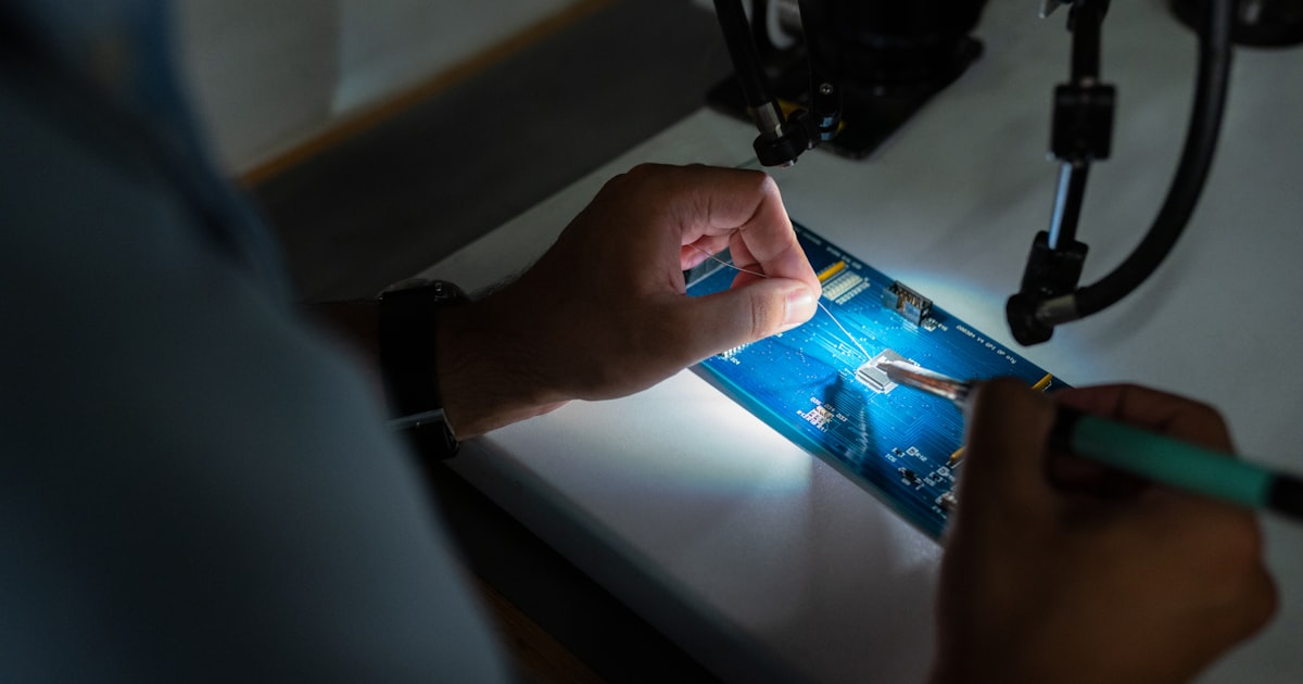 Technicien réparant un appareil électronique en atelier